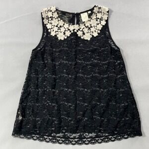 E by Eloise Black Lace Top Women Small Sleeveless Crochet‎ Collar See Through